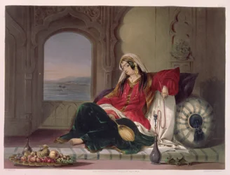 Förnäm dam från Kandahar som röker, plansch 29 ur «Afghanistans landskap, invånare och dräkter», graverad av Robert Carrick (cirka 1829-1904), 1848